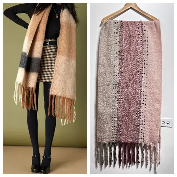 LULU’S Oversized Fluffy Cozy Blanket Scarf in Dusty Pink Multi One Size NWT - Picture 1 of 7